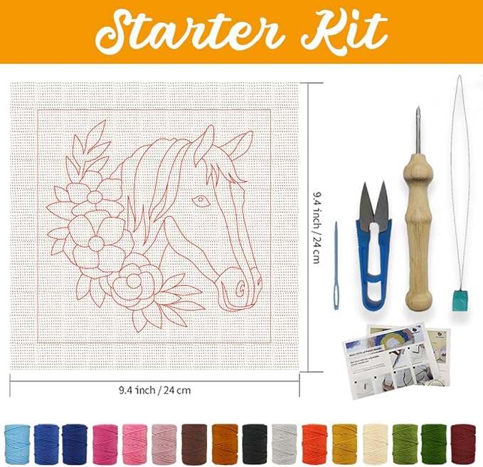 ACRNIGHEET 2Pcs Horse Punch Needle Kits for Adults Beginners, Include Instructions, Punch Needle Embroidery Kit, Pre-Printed Horse and Flower Pattern, Frame, Yarns, Sewing Needles, Exquisite Gifts
