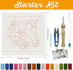 ACRNIGHEET 2Pcs Horse Punch Needle Kits for Adults Beginners, Include Instructions, Punch Needle Embroidery Kit, Pre-Printed Horse and Flower Pattern, Frame, Yarns, Sewing Needles, Exquisite Gifts