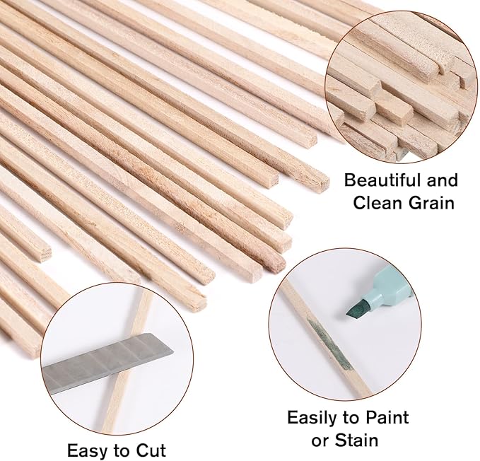 1/4" x 12" 50PCS Square Wooden Dowel Rods Small Wood Square Dowel Unfinished Bamboo Craft Hardwood Sticks Wooden Strips for Arts and DIYers, DIY Projects Home Decor Woodworking