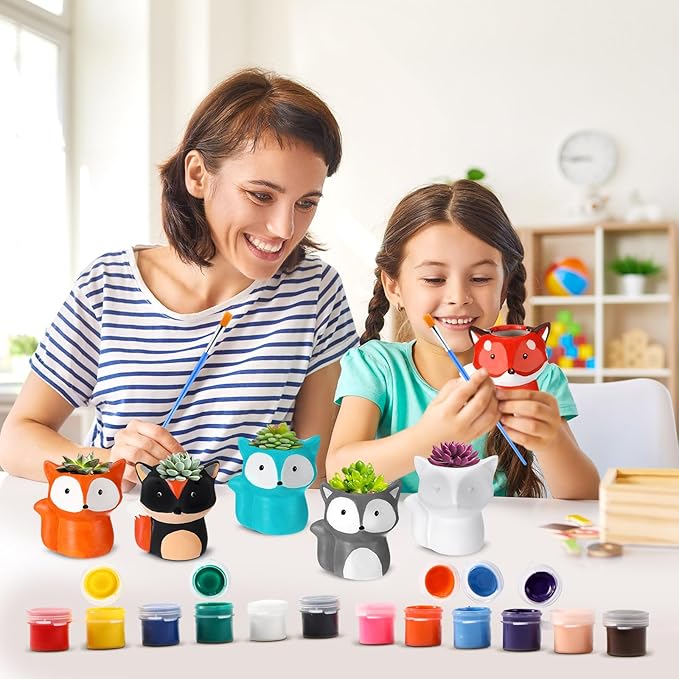 Pasimy 6 Set DIY Ceramic Succulent Planter Pots Paint Your Own Flower Pots Craft Kit Unpainted Bisque Paintable Flowerpot with Brush Palette Ready to Paint for Family Activity Gift(Fox)