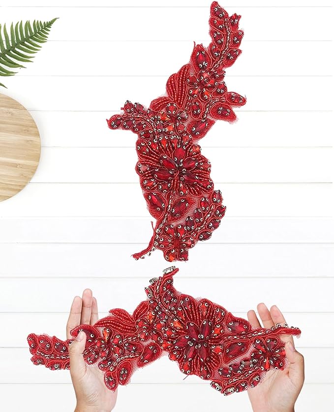 1 Pair Handmade Flower Rhinestone Applique for Clothes, Crystal Fabric Patches for Wedding Dress, Bling Beaded Embroidery Lace Applique for Hat Hairband Sewing Embellishment (Red)