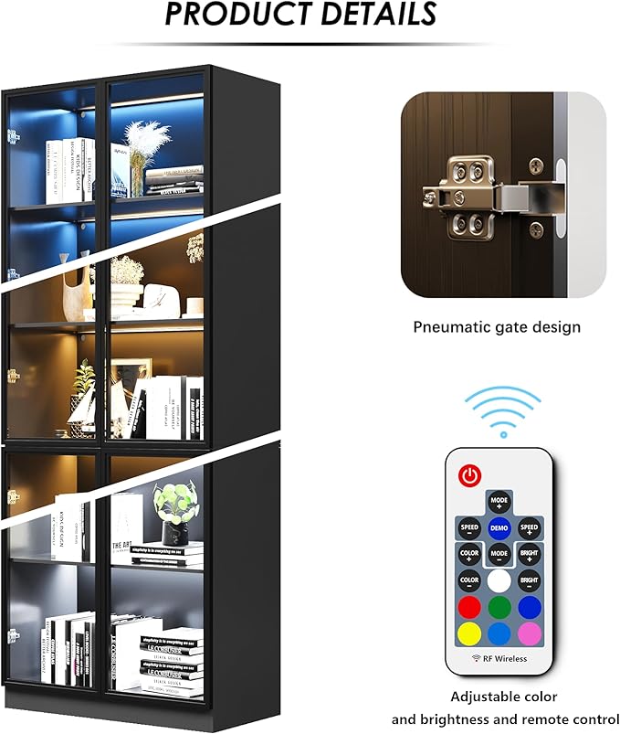 Wooden Display Storage Cabinet with Glass Door, LED Lights,Showcase for Collections, Perfume, Vinyl Albums, Bookcase for Home Office, Living Room, Clinic, Pantry (5 Layers-Black)