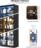 Wooden Display Storage Cabinet with Glass Door, LED Lights,Showcase for Collections, Perfume, Vinyl Albums, Bookcase for Home Office, Living Room, Clinic, Pantry (5 Layers-Black)