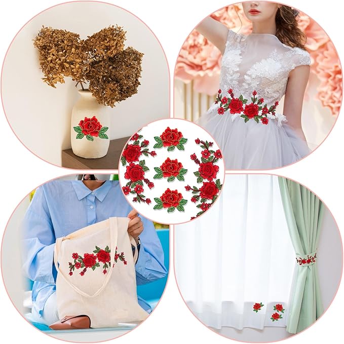 5pcs Rose Flower Embroidered Patches Floral Appliques Embellishments Clothing Accessories Sew on Crafts Repairing Arts Sew Making Sewing Patches for DIY Jeans Dress Bag