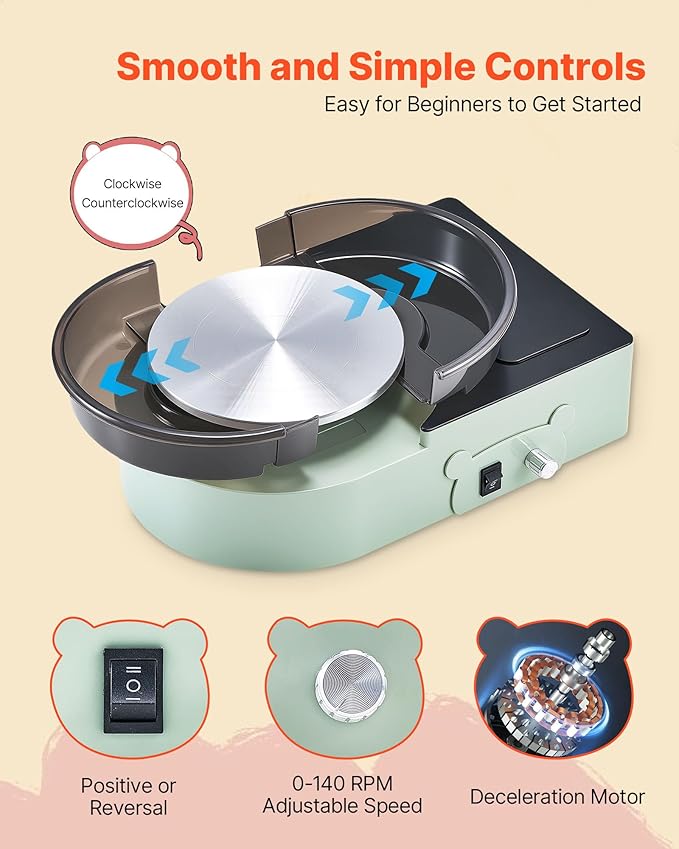 VEVOR Mini Pottery Wheel For Kids and Beginners, 6” Turntable, Two-way Rotation, Adjustable Speed, Complete Pottery Set with Clay Art Supplies Sculpting Tools, Craft Gifts for Kids Teens Adults, Green