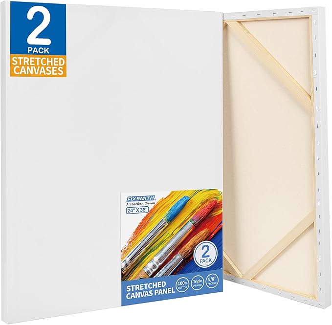 FIXSMITH Stretched Canvas for Painting 24x36 Inch, 2 Pack,Primed Large Canvas,100% Cotton,5/8 Inch Profile of Super Value Pack for Acrylics,Oils & Other Painting Media