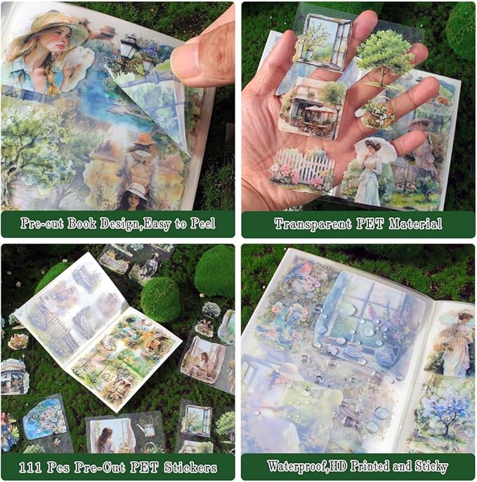 Spring Landscape Pre-Cut Journal Sticker Book for Junk Journaling, Transparent PET Stickers for Scrapbook Supplies, Scrapbooking, Collage, Planners, Bujo, 20 Sheets