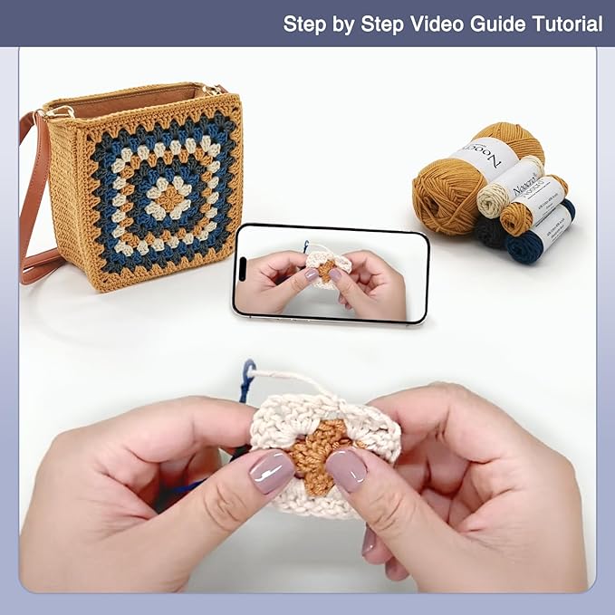 Noocro Crochet Kit Granny Square Crochet Bag Kit – DIY Felt Purse with Hook, Wool Yarn, Markers, Guide & Video – for Intermediate or Ambitious Beginners (Bronze Stone)