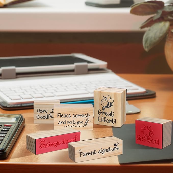 Watersay 6 Pcs Teacher Rubber Stamp Set Motivate Encouraging Messages Wooden Teaching Rubber Stamp Vintage Art for Classroom Grading Home School Teacher Supplies Back School and DIY Card Making