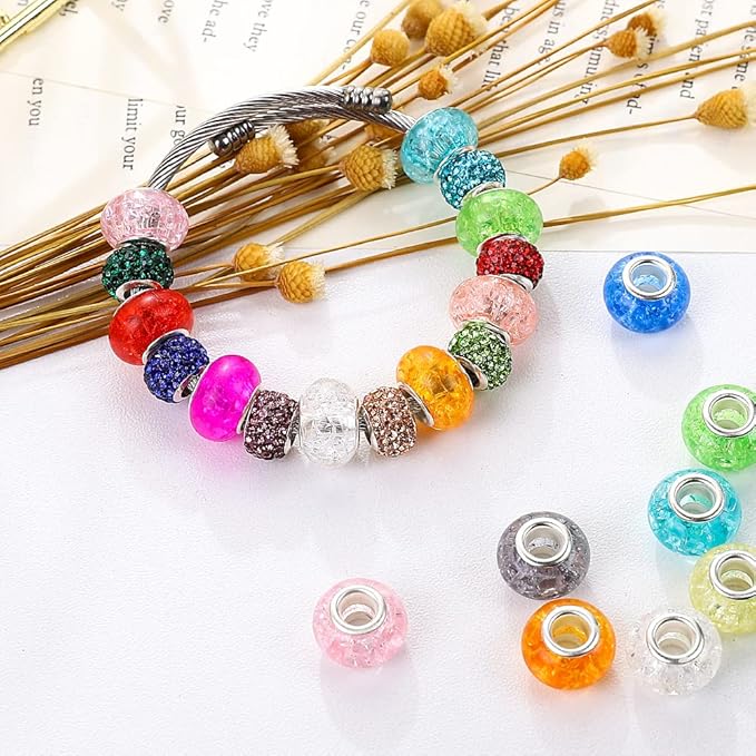 100 Pieces 14mm European Large Hole Spacer Beads Mix Color with Silver Brass Cores Assortments Charm Lampwork Beads Supplies for Necklace Bracelets Jewelry Making (Crack transparent)