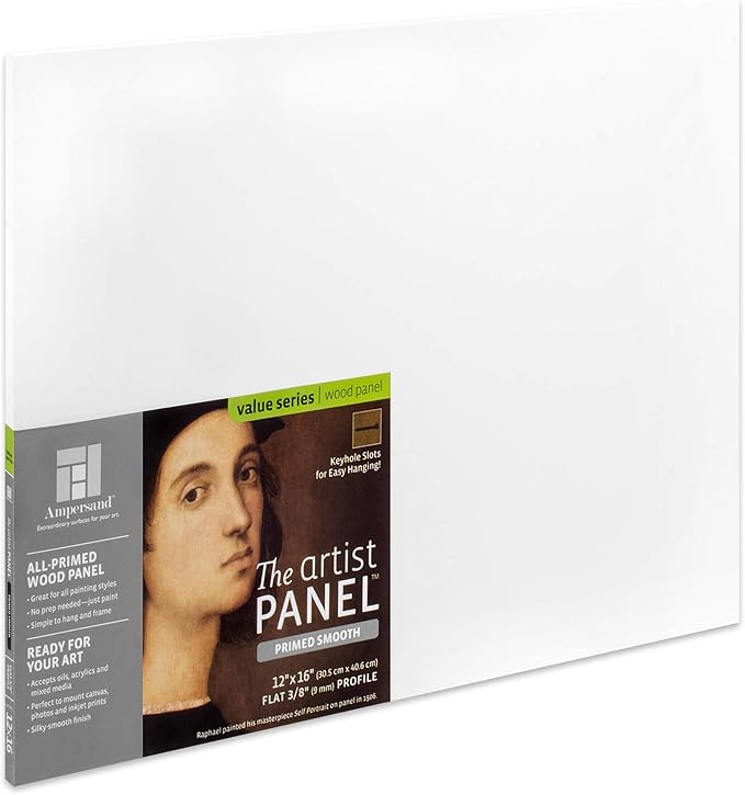 Ampersand Art Supply Wood Gesso Artist Painting Panel: Primed Smooth, 12" x 16", 3/8" Flat Profile
