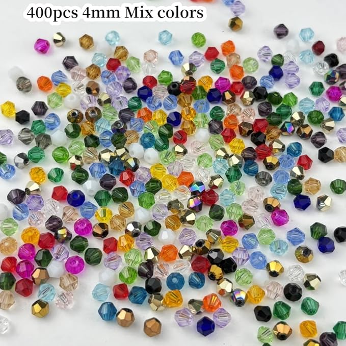 400pcs 4mm Bicone Glass Crystal Beads for Jewelry Making, Faceted Bicone Glass Spacer Beads for Bracelet Earring Necklace DIY Craft(Mix Color)