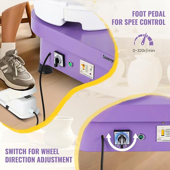 Huanyu Pottery Wheel Machine with 12" Bat System Foot Pedal Control Multiple Art DIY Sculpting Tool Kit Ceramic Wheel Clay Machine for Adult (Purple)