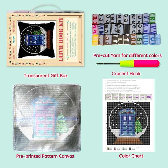 DL-YTG Latch Hook Kits Pillow Christmas Tree Crochet Yarn Cushion Colour Pre-Printed Canvas Rug Needlework DIY Pillowcase Hook and Latch Kit Home Arts Crafts Sofa Decoration 42x42cm/16X16inch