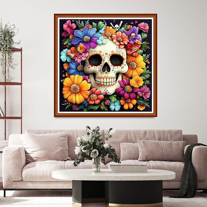 Funart Stamped Cross Stitch Kits for Beginners Full Range of Cross Stitching Preprinted Embroidery Kits for Adults, 11CT Embroidery Pattern Needlepoint Kits-Flower Skeleton 18x18 inch