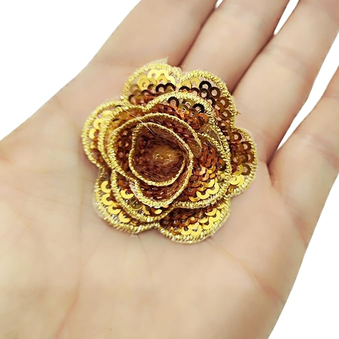 5 PC Rose Flower Sequins Lace Embroidery Patch Applique Trim Wedding Dress DIY Sewing Craft Clothes Applique, 1.6 Inch, Gold