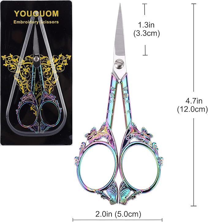 Sewing Embroidery Scissors – Small Vintage Sharp Detail Shears for Craft, Artwork, Needlework Yarn, Handicraft DIY Tool, Thread Snips, 4.7in Rainbow Butterfly Style