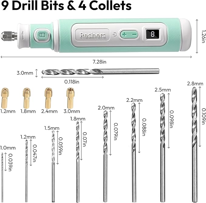Resiners Electric Resin Drill Pen, Cordless Rotary Tool Kit, 8-Speed Adjustable, Rechargeable 15pcs Jewelry Making Kit with Light Illumination for Resin Molding, Plastic, Wooden DIY Crafts