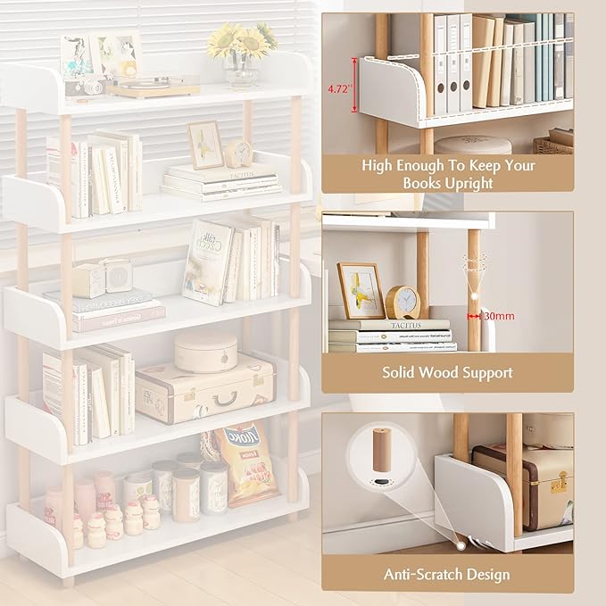5-Tier Wooden Open Bookcase - Modern Display Bookshelf with Top Edge and Solid Wood Frame for Home and Office, Storage Cabinet, Warm White