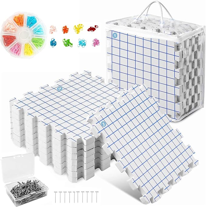 MEVOME Blocking Mats for Knitting 200 T-pins 100 Locking Stitch Markers, Extra Thick Block Boards Crochet Projects Grid Lines Needlepoint Knit Crocheting, 9 Foam Interlocking Mat Storage Bag (White)