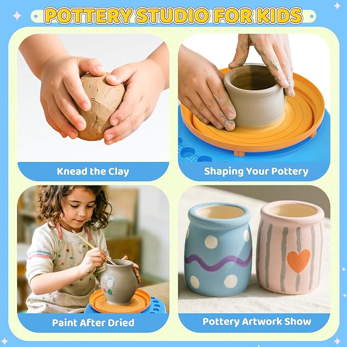 Pottery Wheel for Kids– Complete DIY Pottery Painting Kit for Ages 8-12 Beginners with 4 Air-Dry Clay Packs and Tools, Arts & Crafts Supplies Toys Birthday Gift for Boys Girls 6+ Years Old (Blue)