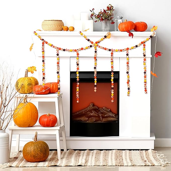 Huwena 200 Pcs Fall Wooden Beads Autumn Pumpkin Maple Leaf Colorful Round Loose Spacer Thanksgiving Beads Wood Bead Colorful Craft for DIY Craft Making Bracelet Necklace Home Decor