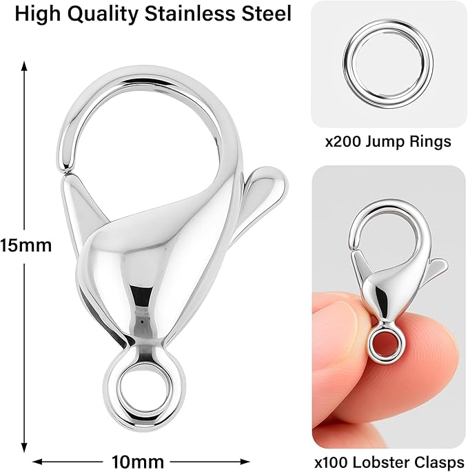 Mandala Crafts 15mm Stainless Steel Lobster Clasps for Jewelry Making - 100 PCs SS Lobster Claw Clasps with Jump Rings Jewelry Findings Kit for Necklaces Bracelets Charms Fasteners