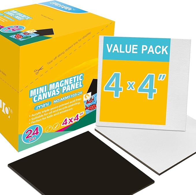 AUREUO Mini Magnetic Canvas Panel 4x4 Inch / 24 Pack - Small Square Flat Canvas Board with Magnet Back Art Gift Set, Bulk Pack Tiny Thin Canvases for Acrylic Painting & Craft