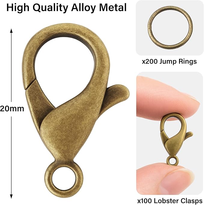Mandala Crafts 20mm Antique Brass Metal Lobster Clasps for Jewelry Making - 100 Lobster Claw Clasps with Jump Rings Jewelry Findings Kit for Necklaces Bracelets Charms Fasteners