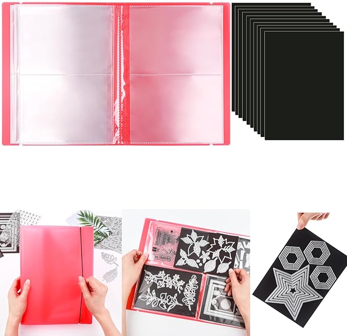 10 Pcs 0.3mm Magnet Sheets and 80 pockets/20 pages Storage Album for Stamp and Cutting Dies Storage Book Organizer Folder for Storage Die Cutting, DIY Scrapbooking Card Making Supplies (Red)