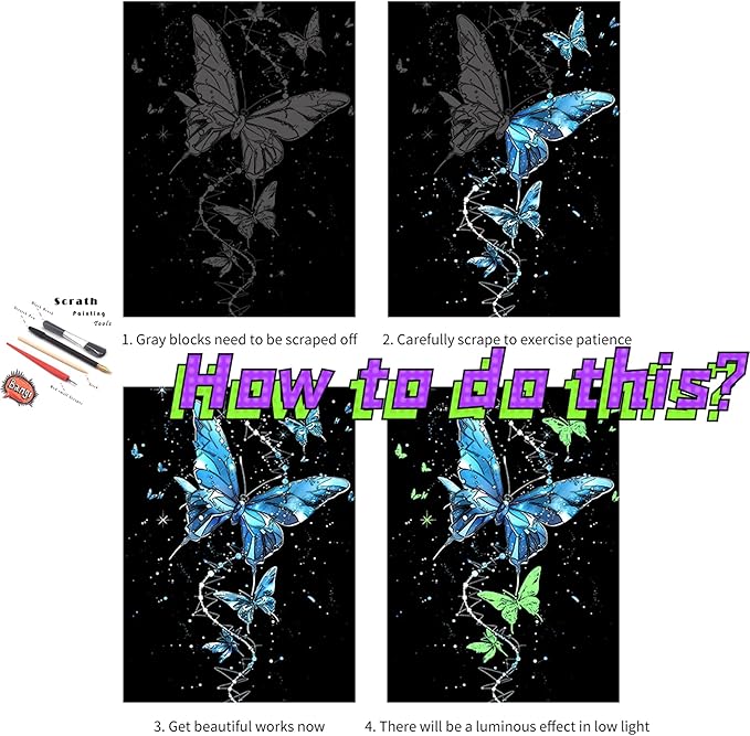 Scratch Paper Art for Adults-Glow in The Dark Scratch Painting Craft Kit (8 Sheets A4)|DIY Foil Engraving Art Set|Stress Relief Gift for Travel Lovers,Craft Lovers,Home Decors (Butterfly & Whale)