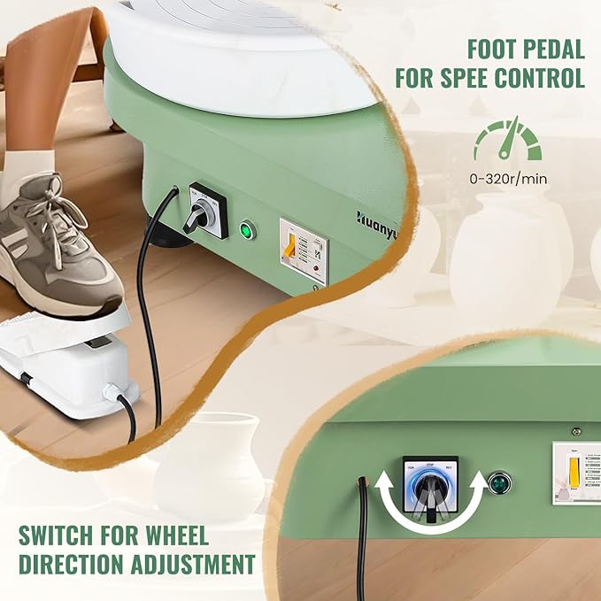 Huanyu Pottery Wheel Machine with 12" Bat System Foot Pedal Control Multiple Art DIY Sculpting Tool Kit Ceramic Wheel Clay Machine for Adult (Green)