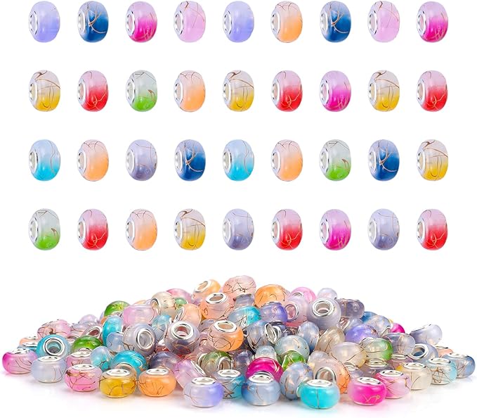 100 Pieces 14mm European Large Hole Spacer Beads Mix Color with Silver Brass Cores Assortments Charm Lampwork Beads Supplies for Necklace Bracelets Jewelry Making (Ｇolden Wire Jelly)