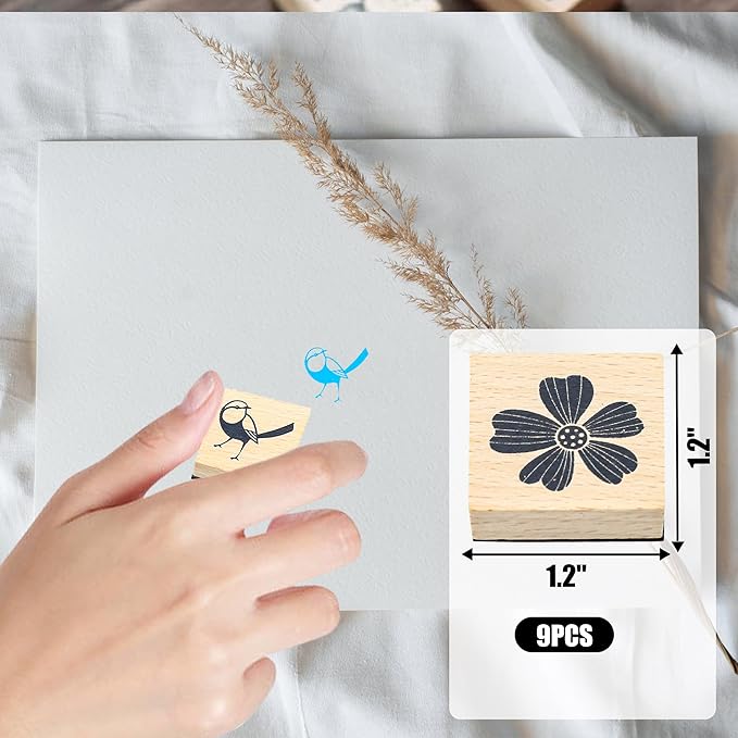 9 PCS Vintage Wooden Rubber Stamps, Wood Stamps for Crafting Pattern of Butterfly Bird Ladybird Flower Plant, Ink Rubber Stamp Set for Scrapbooking, DIY Art and Journals
