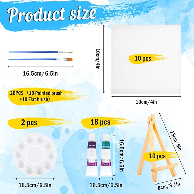 10 Pack Mini Canvas and Easel Set, 4 X 4 inch Canvas for Drawing, 18 Acrylic Paint Set with 20 Brushes & 2 Paint Trays, Art Painting Kits for Birthday Party Favors