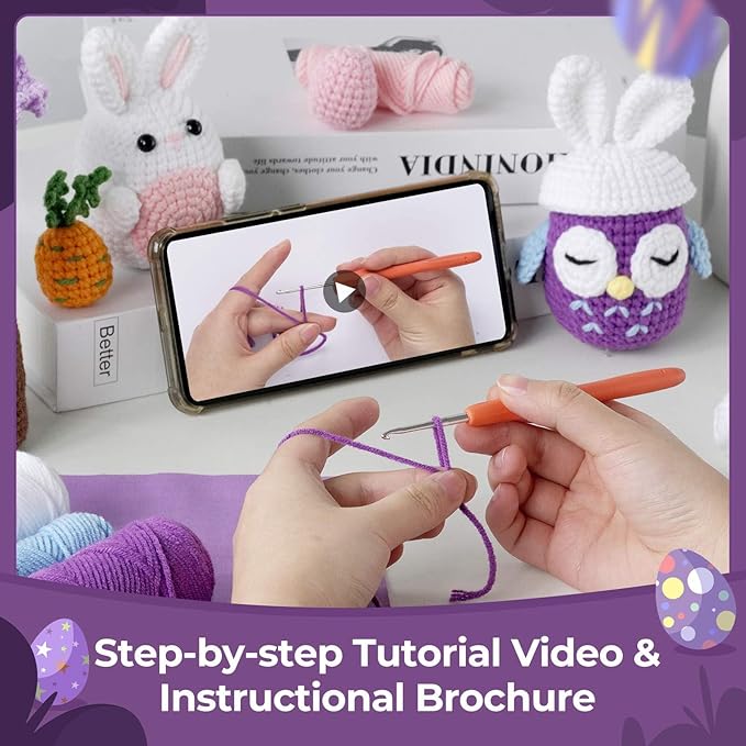 yhwsymgmho Crochet Kit for Beginners:2pcs Animals Crochet Starter Kits with Step-by-Step Video Tutorials,Easy Knitting Set for Adults Kids,DIY Crocheting Doll Gift(Thanksgiving Bunny and owl)