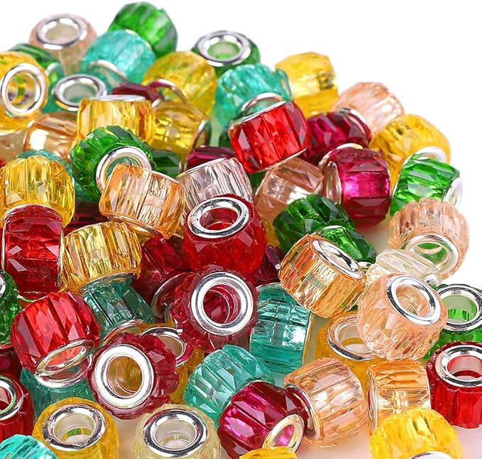 100 Pieces 14mm European Large Hole Spacer Beads Mix Color with Silver Brass Cores Assortments Charm Lampwork Beads Supplies for Necklace Bracelets Jewelry Making (Baguette Diamonds)