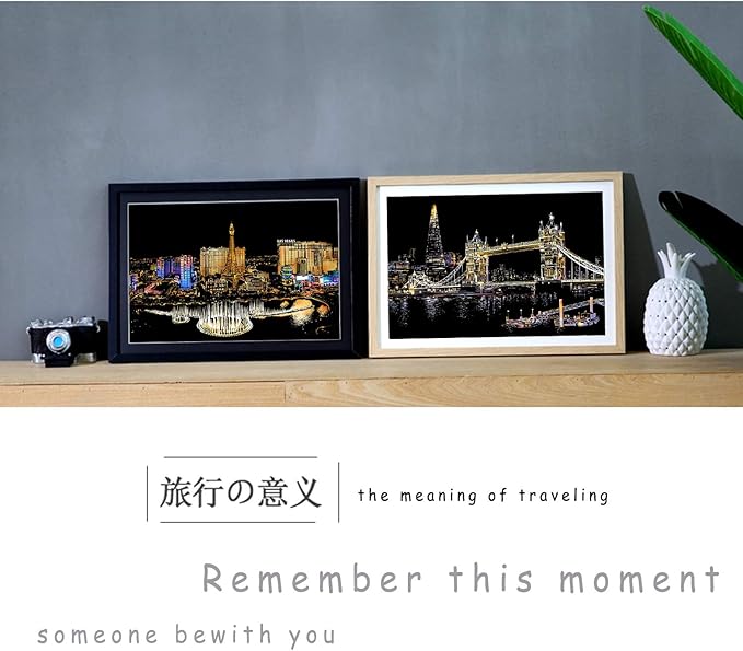 DESINIK Scratch Painting Art for Adults & Teens - 2 Sheets Rainbow Scratch Painting Kit, Scratch Painting Foil Art for Adults, Stress Relief Adult Craft Kits A3(Las Vegas & Tower Bridge)