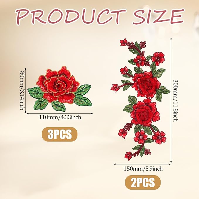 5pcs Rose Flower Embroidered Patches Floral Appliques Embellishments Clothing Accessories Sew on Crafts Repairing Arts Sew Making Sewing Patches for DIY Jeans Dress Bag