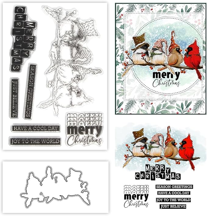 Cute Gnome Bird Merry Christmas Clear Stamps and Metal Cutting Dies Set with Package Envelope Box for Card Making DIY Scrapbooking Supplies Silicone Stamp Knife Mold for Xmas Crafts Decor