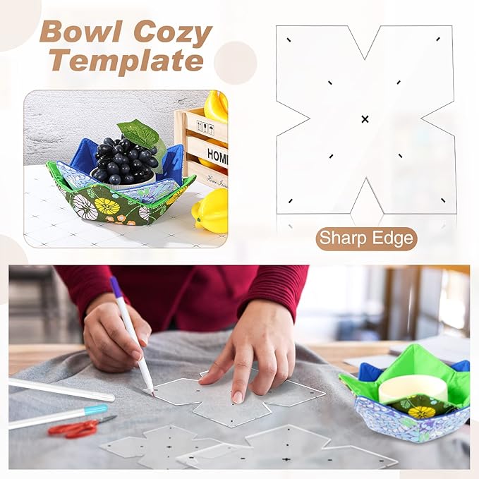 Flutesan 3 Pcs Bowl Cozy Pattern Template 8/10/12 Inch Clear Acrylic Bowl Wrap Sewing Pattern Template with 3 Pieces Water Soluble Pen Batting Quilting Cut on Fold Stencil(Point Edge)