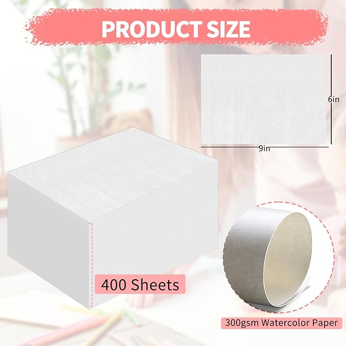 ZAYOUAU 400 Sheets Watercolor Paper Bulk, 6 x 9 inch 300 GSM Cotton White Cold Press Art Painting Paper for Kids, Beginning Academy Artist Loose Drawing Paper Watercolors Sketch Acrylic Painting
