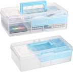 JUXYES 2 Pack Plastic Carry Storage Box with Removable Dividers, Clear Art Craft Supply Storage Bin Sewing Box with Handle Lid, 2 Layers Stationery Storage Case for School/Office Supplies Light Blue