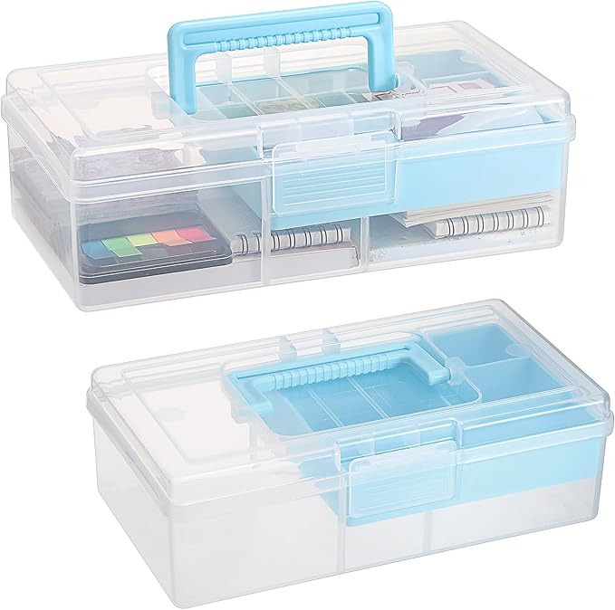 JUXYES 2 Pack Plastic Carry Storage Box with Removable Dividers, Clear Art Craft Supply Storage Bin Sewing Box with Handle Lid, 2 Layers Stationery Storage Case for School/Office Supplies Light Blue