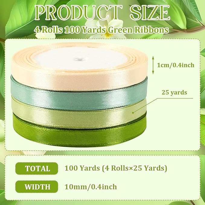DECYOOL 4 Rolls 100 Yards Green Ribbons, 10mm Wide Satin Craft Ribbons for Gift Wrapping, Assorted Shades of Green Thin Ribbon for DIY Crafts, Wedding Decor, Baby Shower