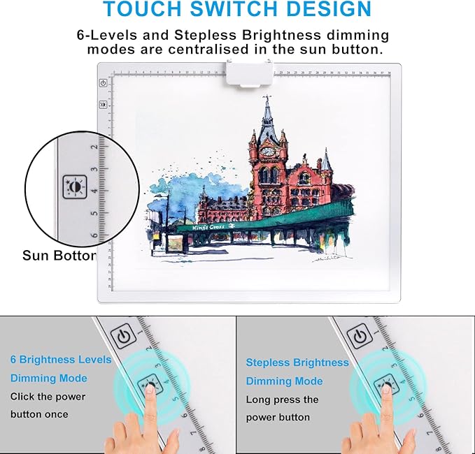 A3 Rechargeable Light Pad, TOHETO 2500mAh Battery Powered Light Board with Stand Top Magnetic Clip 3 Colors Stepless Dimmable 6 Levels Brightness Light Box for Diamond Painting Weeding Vinyl (White)