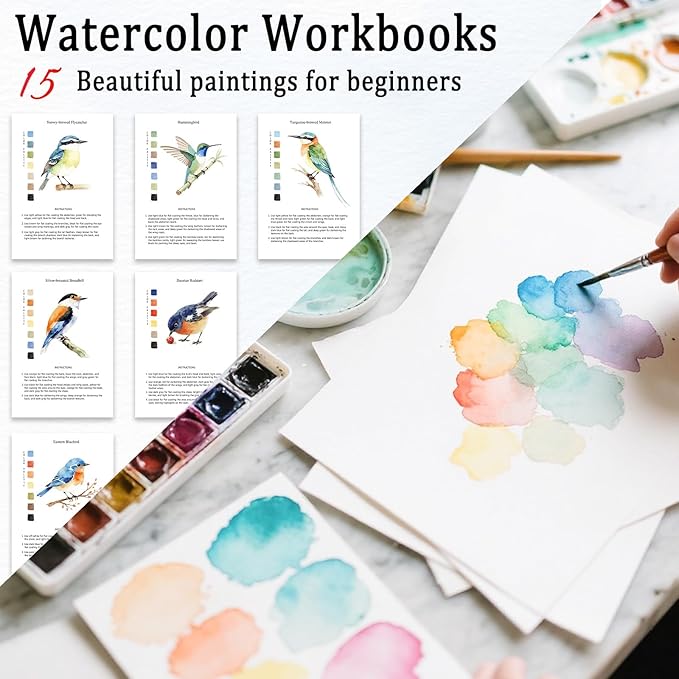 Watercolor Workbooks, 16 Colors Water Color Books Paint Set for Adults, Watercolor Coloring Book for Beginners, Water Color Workbook, 15 Beautiful Paintings for Beginners (Birds)
