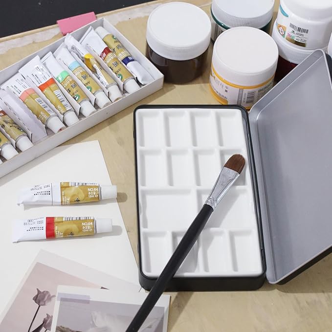 Travel Watercolor Palette,Portable Ceramic Palette with 14 Well,Metal Paint Box with Porcelain Palette(Blak Box)