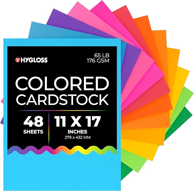 Hygloss Bright Colored Cardstock - 11x17-Inch, 12 Assorted Colors, 48 Sheets, 65 lb/ 176 gsm, Fade-Resistant, Acid-Free Color Card Stock Paper