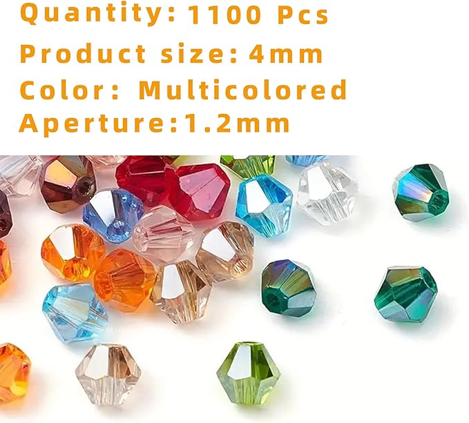 1100PCS 4mm Bicone Crystal Glass Beads for Jewelry Making, Sparkling Mini Beads for Suncatchers, DIY Bracelets & Craft Projects (Multicolored)